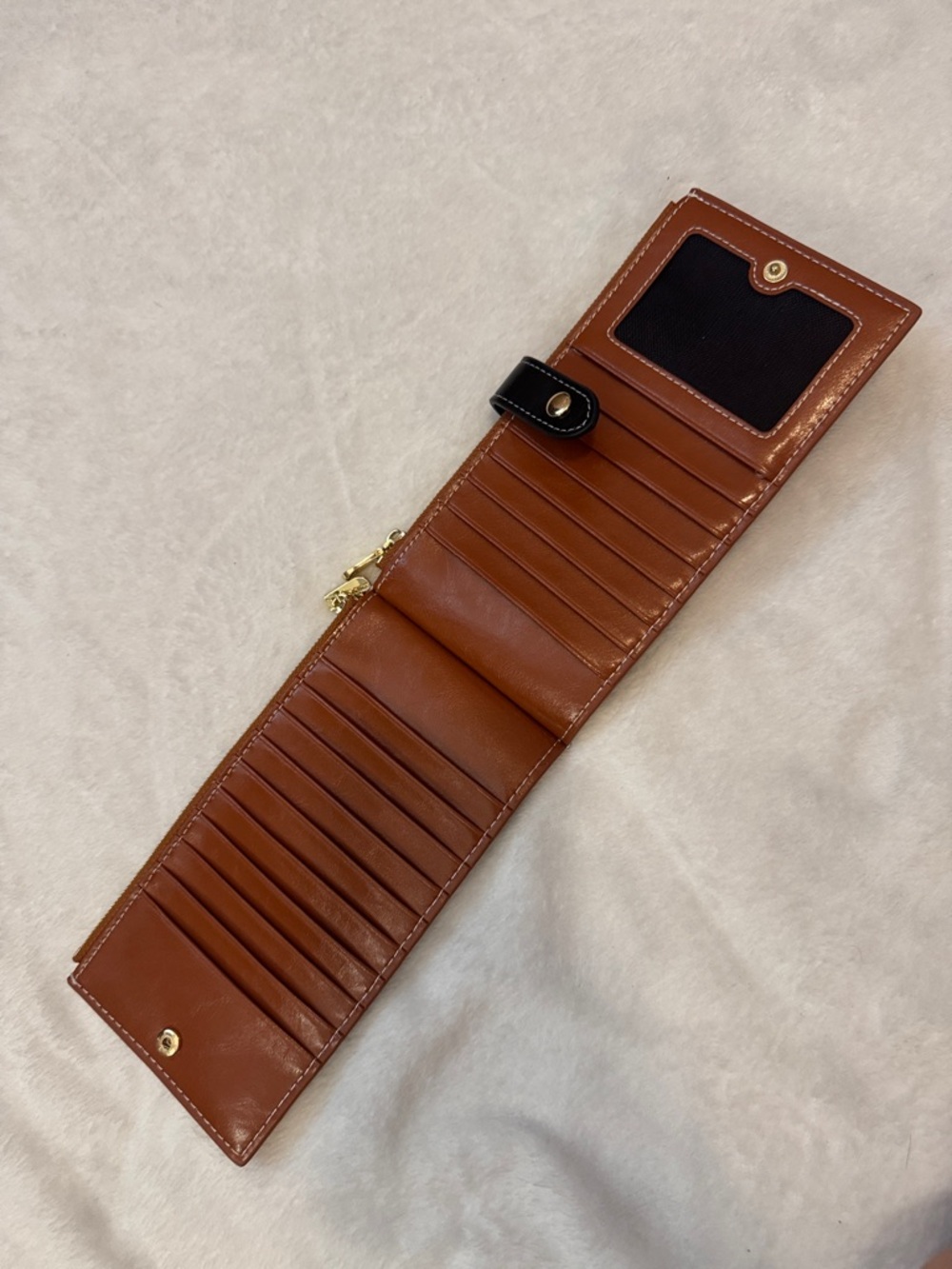 Tan Leather Wallet with Black Snap Strap and Gold Accent - Picture 3 of 4